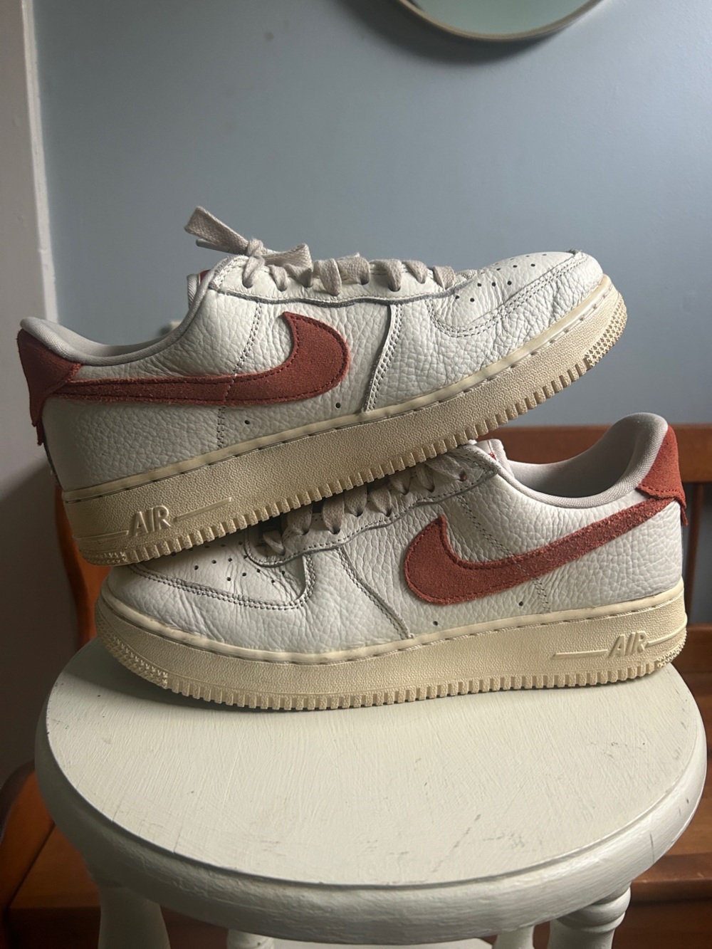 Nike Men’s Off-White Leather Sneakers with Rust Swoosh